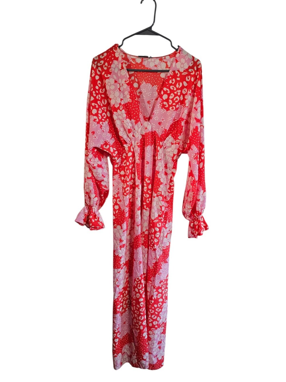 ASOS Design Red Pink Floral Patchwork Maxi Dress 4 Deep V Romantic Statement - Picture 2 of 7